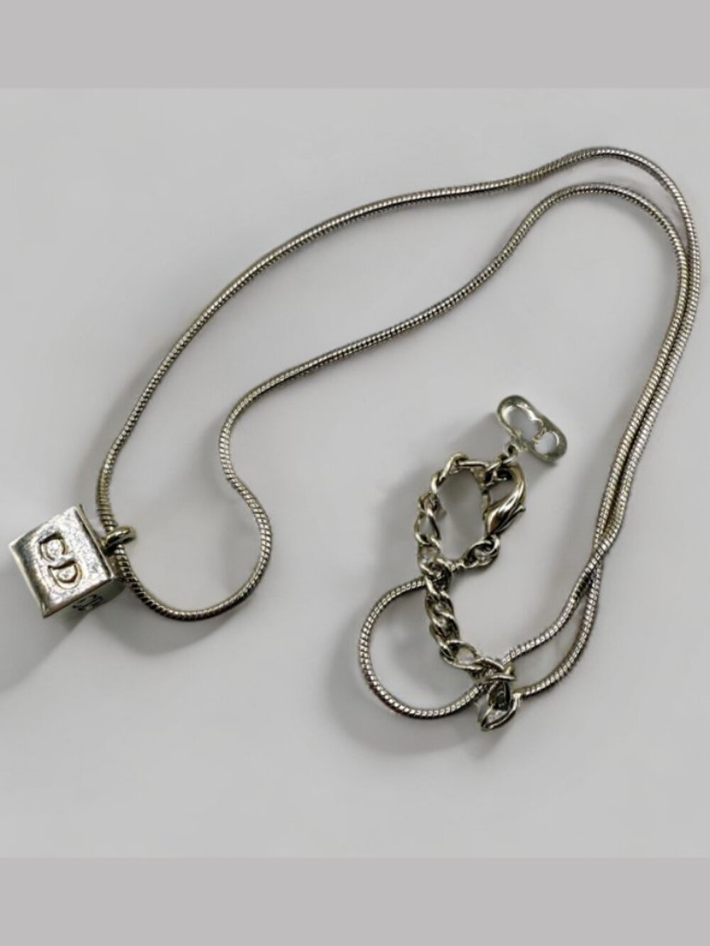 Christian Dior Silver-toned CD Square Minimalist Pendant Necklace
